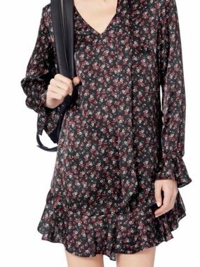 INTERMIX Black Floral Mini Dress with Red & White Accents
